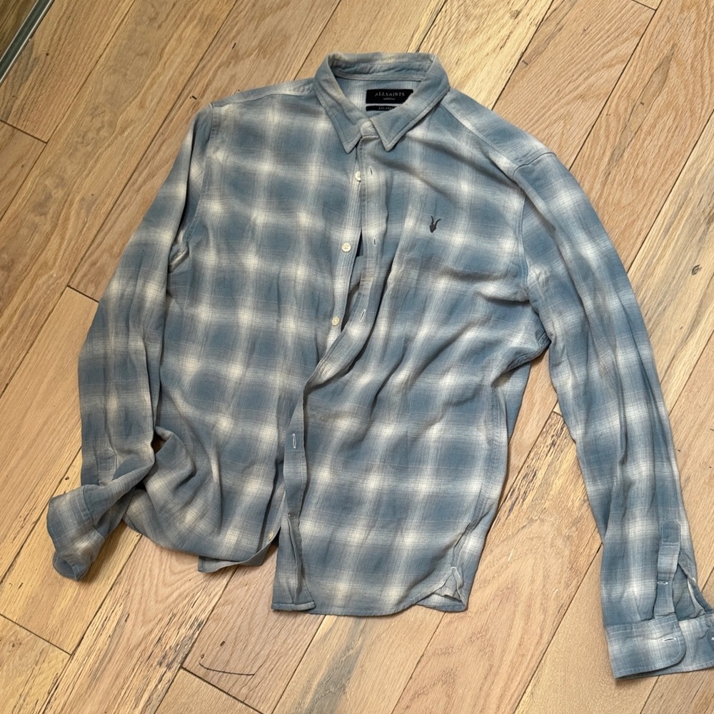 All Saints Gray and White Plaid Flannel Shirt
